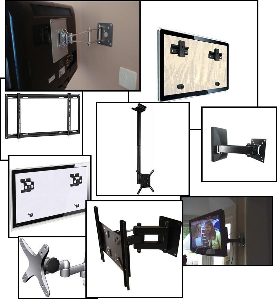 Exemplos de modelos de suportes fixos, articulados e de teto para instalação de TV